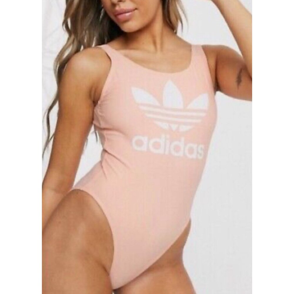Adidas Womens Peach Open Back High Leg Trefoil Logo One-Piece Swimsuit Sz S